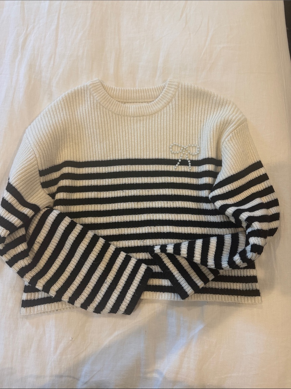 Zara Cream and Black Striped Crewneck Sweater with Rhinestone Bow